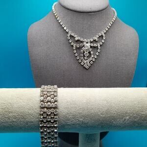Small Vintage Wedding Clear Rhinestone Necklace Bracelet Set, 1950, 14" & 6 3/4"